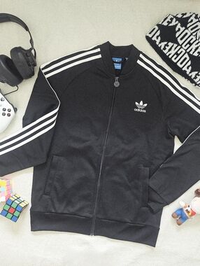 Adidas Originals Kids Boys Black Full Zip Trefoil Track Jacket Large (13-14Y)